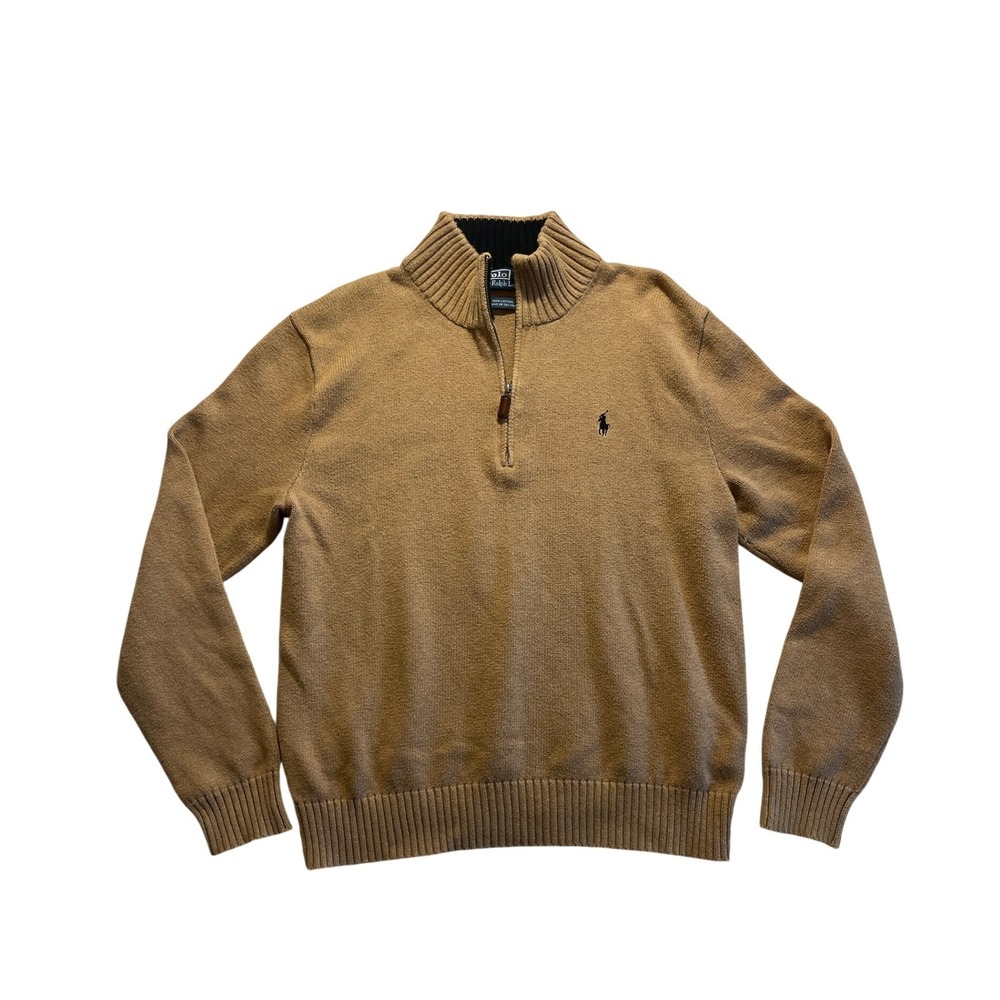 Tan Cotton Quarter Zip Pullover Sweater Camel Size L by Polo Ralph Lauren